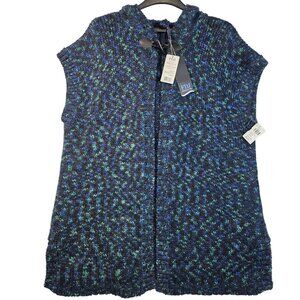 FDJ Sleeveless Knit Cardigan Toggle Closure Donegal Blue Hooded Sweater XS/M